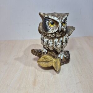 Vintage Arnart Ceramic Owl Figurine on Branch Wings Out Brown White 1114 5 Inch